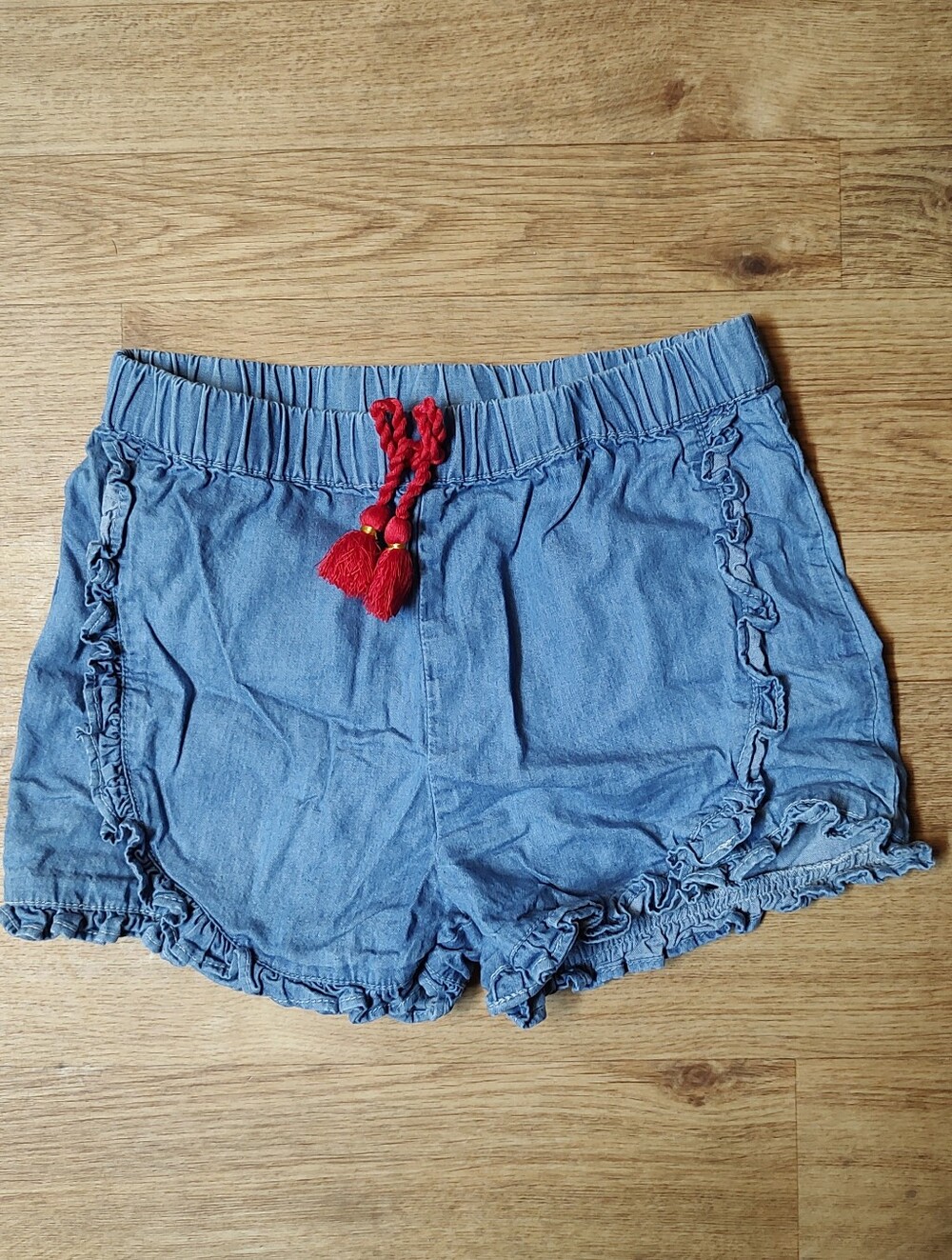 Girls' Chambray Ruffle Shorts with Red Tassel Tie